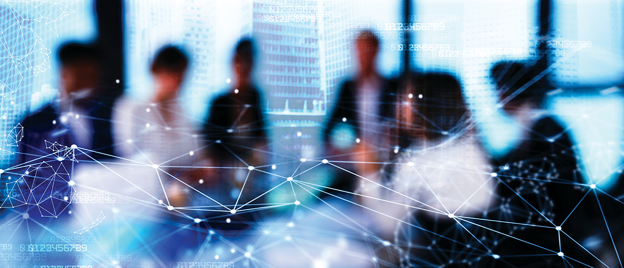 Silhouette of businessperson in a modern office with network effect. concept of partnership and teamwork